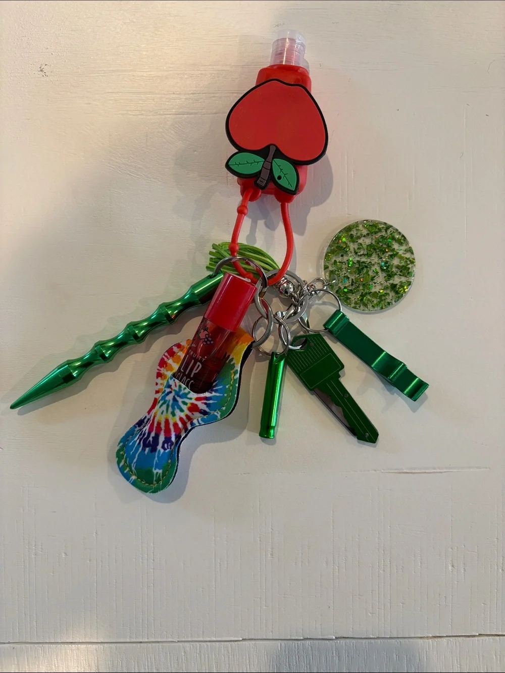Green Metallic Keychain Safety Set with Cherry Hand Sanitizer Holder